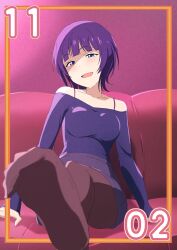 Rule 34 | 1girl, absurdres, alternate hair color, asaka karin, blue eyes, blunt bangs, blurry, blurry foreground, breasts, brown pantyhose, collarbone, commentary request, couch, dated, feet, foot focus, half-closed eyes, highres, large breasts, light blush, looking at viewer, love live!, love live! nijigasaki high school idol club, medium hair, mole, mole on body, mole on collarbone, november, on couch, open mouth, outside border, pantyhose, purple hair, purple shirt, shirt, sitting, sleeveless, sleeveless shirt, smile, solo, spaghetti strap, zasshoku ojisan