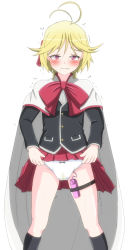 Rule 34 | 1girl, antenna hair, artist request, black jacket, black socks, blazer, blonde hair, blush, bow, bow panties, cameltoe, cape, clenched teeth, clothes lift, controller, empty eyes, female focus, hair ornament, hair ribbon, half-closed eyes, jacket, kneehighs, legs apart, lifting own clothes, long sleeves, looking at viewer, panties, pleated skirt, purple eyes, red bow, red ribbon, red skirt, remote control, remote control vibrator, ribbon, school uniform, sex toy, short hair, simple background, skirt, skirt lift, socks, solo, standing, sweat, tears, teeth, thigh strap, trembling, trinity seven, underwear, vibrator, vibrator cord, wet, wet clothes, wet panties, white background, white panties, yamana mira