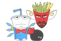 Rule 34 | 3boys, aqua teen hunger force, blue dress, cirno, cirno (cosplay), commentary, cosplay, daiyousei, daiyousei (cosplay), dress, english commentary, fang, food, french fries, frylock, green hair, ice, ice wings, kappce, looking at viewer, master shake, meatwad, multiple boys, rumia, rumia (cosplay), simple background, touhou, what, white background, white wings, wings