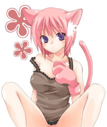 Rule 34 | 1girl, animal ears, bare shoulders, bottomless, breasts, camisole, cat ears, cat tail, censored, gloves, kubyou azami, original, out-of-frame censoring, paw gloves, pink hair, purple eyes, shirt, short hair, solo, strap slip, tail, taut clothes, taut shirt