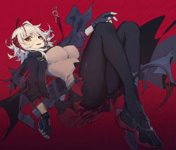 Rule 34 | 1girl, :d, ahoge, antennae, arknights, black footwear, black gloves, black jacket, black pantyhose, black scarf, black skirt, breasts, brown eyes, commentary, explosive, fingerless gloves, gloves, grenade, grey shirt, highres, holding, holding grenade, horns, jacket, large breasts, long sleeves, looking at viewer, miniskirt, mongarit, nail polish, open mouth, pantyhose, red background, red nails, scarf, shirt, shoes, short hair, silver hair, skirt, smile, solo, taut clothes, taut shirt, thighs, w (arknights)