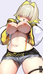 Rule 34 | 1girl, ahoge, blonde hair, blush, breasts, clothes lift, elegg (nikke), goddess of victory: nikke, hair over eyes, highres, jacket, kajimakoto, large breasts, lifted by self, long bangs, looking at viewer, medium hair, multicolored clothes, multicolored jacket, navel, nipples, shirt lift, short shorts, shorts, simple background, smile, solo, thigh strap, two-tone jacket, white background, white jacket, yellow jacket