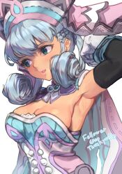 Rule 34 | 1girl, armpits, blue eyes, breasts, cape, dress, elbow gloves, gloves, grey hair, highres, medium breasts, melia antiqua, r123, solo, strapless, strapless dress, upper body, xenoblade chronicles (series), xenoblade chronicles 1