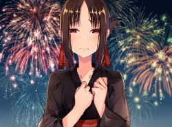 Rule 34 | 1girl, aerial fireworks, black kimono, blurry, blurry background, blush, brown hair, closed mouth, collarbone, commentary request, crying, crying with eyes open, depth of field, fireworks, folded ponytail, hair ribbon, hands up, highres, japanese clothes, kaguya-sama wa kokurasetai ~tensai-tachi no renai zunousen~, kimono, long sleeves, night, night sky, norazura, nose blush, obi, outdoors, parted bangs, red eyes, red ribbon, ribbon, sash, shinomiya kaguya, sidelocks, sky, solo, tears, upper body, wavy mouth, wide sleeves