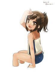 Rule 34 | 10s, 1girl, :d, arm support, bad id, bad twitter id, brown eyes, brown hair, dated, fang, i-401 (kancolle), kantai collection, koruri, one-piece swimsuit, open mouth, ponytail, sailor collar, school swimsuit, shading eyes, short hair, sitting, smile, solo, swimsuit, swimsuit under clothes, twitter username, white background