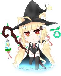 Rule 34 | 1girl, :&lt;, animal ears, azur lane, bailingxiao jiu, black cape, black hat, black thighhighs, blonde hair, blush, bottle, bridal gauntlets, brown eyes, cape, cat ears, cat girl, cat tail, creeper, ears through headwear, eldridge (azur lane), facial mark, full body, fur collar, hair ornament, hair ribbon, hat, heart, heart-shaped pupils, highres, holding, holding staff, kemonomimi mode, long hair, magic, minecraft, outstretched arm, parted lips, pink ribbon, ribbon, simple background, solo, staff, standing, standing on one leg, star (symbol), symbol-shaped pupils, tail, thighhighs, triangle mouth, twintails, v-shaped eyebrows, very long hair, white background, witch hat, wooden staff