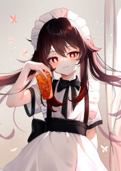 Rule 34 | 1girl, :3, absurdres, alternate costume, apron, black bow, black bowtie, blush, boo tao (genshin impact), bow, bowtie, bright pupils, brown hair, closed mouth, curtains, dress, drink, enmaided, flower-shaped pupils, frilled apron, frills, genshin impact, highres, holding, holding drink, hu tao (genshin impact), long hair, looking at viewer, maid, maid apron, maid headdress, orange eyes, print cup, short sleeves, solo, symbol-shaped pupils, twintails, white apron, white dress, white pupils, yunr