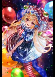 Rule 34 | 1girl, american flag dress, american flag legwear, balloon, blonde hair, clownpiece, dress, hat, highres, jester cap, long hair, looking at viewer, neck ruff, open mouth, pantyhose, polka dot, red eyes, red hat, short sleeves, smile, solo, star (symbol), star print, striped, touhou, very long hair, zhu xiang