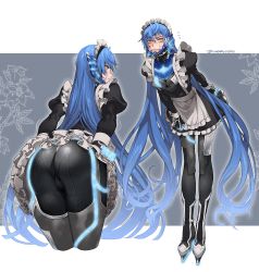 Rule 34 | 1boy, androgynous, apron, ass, bad id, bad twitter id, bodysuit, dress, eyelashes, frilled dress, frills, frown, highres, leaning forward, long hair, looking at viewer, maid apron, male focus, nervous, platform footwear, protagonist (smtv), shin megami tensei, shin megami tensei v, simple background, solo, tight clothes, umeeeyoukan, very long hair, yellow eyes