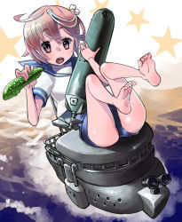 Rule 34 | 10s, 12 (xaenedju), 1girl, ahoge, barefoot, blush, brown eyes, brown hair, feet, flower, full body, hair flower, hair ornament, i-58 (kancolle), kantai collection, looking at viewer, open mouth, personification, school swimsuit, school uniform, serafuku, short hair, sitting, solo, swimsuit, swimsuit under clothes, torpedo