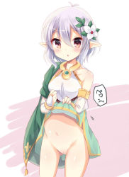 Rule 34 | 1girl, :o, antenna hair, bare shoulders, blush, breasts, bridal gauntlets, brown eyes, censored, clothes lift, collarbone, commentary request, detached sleeves, dress, dress lift, fingernails, flower, gluteal fold, green dress, groin, hair between eyes, hair flower, hair ornament, kokkoro (princess connect!), kuriyuzu kuryuu, lifting own clothes, long sleeves, mosaic censoring, navel, no panties, parted lips, pointy ears, princess connect!, puffy long sleeves, puffy sleeves, pussy, see-through, see-through sleeves, silver hair, sleeveless, sleeveless dress, small breasts, solo, translation request, white flower