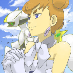 Rule 34 | 00s, 1girl, arceus, bare shoulders, blue eyes, bow, brown hair, creatures (company), earrings, eyebrows, game freak, gen 4 pokemon, gloves, hair buns, jewelry, legendary pokemon, mikami, mythical pokemon, nintendo, own hands clasped, own hands together, pokemon, pokemon: arceus and the jewel of life, pokemon (anime), pokemon (creature), pokemon dppt, pokemon dppt (anime), sheena (pokemon), smile, thick eyebrows, white gloves