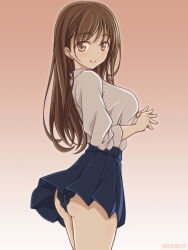 Rule 34 | 1girl, ass, black panties, blue skirt, brown background, brown eyes, brown hair, closed mouth, commentary, dated, from side, gradient background, highres, kikuchi tsutomu, long hair, long sleeves, looking at viewer, looking back, miniskirt, original, own hands together, panties, pantyshot, pleated skirt, shirt, skirt, smile, solo, standing, underwear, white shirt