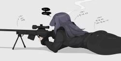 Rule 34 | 1girl, ass, black jacket, commentary request, from behind, fur-trimmed jacket, fur-trimmed sleeves, fur trim, gun, highres, jacket, korean commentary, korean text, long hair, long sleeves, lying, oddsnail, on stomach, original, pants, purple hair, rifle, simple background, sniper rifle, solo, steam, sweatpants, thought bubble, translation request, trembling, weapon