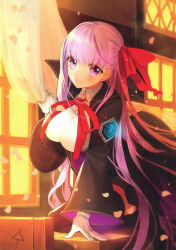 Rule 34 | 1girl, absurdres, bb (fate), black coat, black garter belt, blush, breasts, coat, curtains, fate/extra, fate/extra ccc, fate/grand order, fate (series), garter belt, gloves, hair ribbon, highres, large breasts, long hair, looking at viewer, official art, purple eyes, purple hair, ribbon, school, smile, sunset, third-party source, very long hair, wada arco, white gloves
