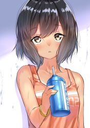 Rule 34 | 1girl, bangle, bare arms, bare shoulders, bottle, bracelet, breasts, brown eyes, brown hair, brown tank top, collarbone, commentary request, dark-skinned female, dark skin, fingernails, hair between eyes, hand up, highres, holding, holding bottle, jewelry, original, parted lips, small breasts, solo, sweat, tank top, water bottle, yuki arare