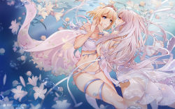 Rule 34 | 2girls, bare shoulders, bikini, blonde hair, blue eyes, blue ribbon, blue scrunchie, breasts, commentary request, crown, dress, europa (granblue fantasy), europa (summer) (granblue fantasy), flower, gabriel (granblue fantasy), granblue fantasy, grin, hand on another&#039;s cheek, hand on another&#039;s face, holding hands, interlocked fingers, large breasts, multiple girls, nazo kitsune, panties, ribbon, scrunchie, see-through, short hair, silver hair, smile, strap slip, swimsuit, thigh strap, thighs, tiara, underwater, underwear, water, white bikini, white dress, white panties