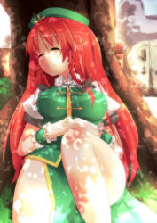 Rule 34 | 1girl, against tree, bad id, bad pixiv id, braid, breasts, chinese clothes, closed eyes, female focus, hat, hong meiling, long hair, nature, outdoors, plant, red hair, ryuji (ikeriu), skirt, sleeping, solo, embodiment of scarlet devil, touhou, tree, twin braids