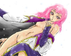 Rule 34 | 00s, 1girl, anya alstreim, blush, bottomless, coat, code geass, looking at viewer, navel, no bra, oekaki, open clothes, open coat, pink hair, purple eyes, simple background, solo, standing, stomach, white background