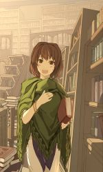Rule 34 | 1girl, bad id, bad pixiv id, bealphareth, blush, book, book stack, bookshelf, bracelet, breasts, brown eyes, brown hair, chair, commentary request, eyebrows hidden by hair, furrowed brow, hair intakes, hand up, harusame (rueken), holding, holding book, indoors, jewelry, library, looking at viewer, noel (bealphareth), open mouth, pants, shawl, short hair, small breasts, solo, stairs, standing, sweatdrop, teeth, upper teeth only, white pants, wide sleeves