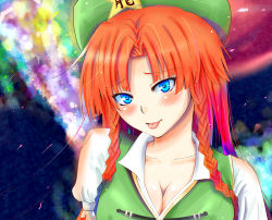Rule 34 | 1girl, :p, bad id, bad pixiv id, blue eyes, braid, breasts, china dress, chinese clothes, cleavage, dress, female focus, hat, highres, hong meiling, long hair, red hair, solo, embodiment of scarlet devil, tongue, tongue out, touhou, twin braids, wancor