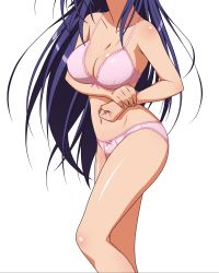 Rule 34 | 1girl, absurdres, ahoge, blue hair, bra, breasts, cleavage, clenched hand, close-up, faceless, faceless female, female focus, head out of frame, highres, kurokami medaka, large breasts, legs, lingerie, medaka box, nail, navel, neck, pink bra, simple background, underwear, vector trace, white background