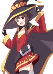 Rule 34 | 1girl, :d, absurdres, aikawa ryou, arms up, bandaged leg, bandages, belt, belt buckle, black belt, black cape, black hat, black thighhighs, blush, brown hair, buckle, cape, collarbone, commentary request, dress, hands on headwear, hat, highres, kono subarashii sekai ni shukufuku wo!, long hair, long sleeves, looking at viewer, megumin, open mouth, red dress, red eyes, simple background, single thighhigh, smile, solo, thighhighs, v-shaped eyebrows, white background, wide sleeves, witch hat