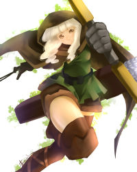 Rule 34 | 1girl, arrow (projectile), baiola, boots, bow (weapon), braid, dragon&#039;s crown, elf, elf (dragon&#039;s crown), female focus, gloves, highres, hood, pointy ears, shorts, solo, thigh boots, thighhighs, vanillaware, weapon, white background