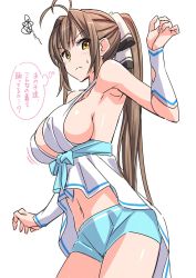 Rule 34 | 10s, 1girl, :&lt;, amagi brilliant park, antenna hair, arm warmers, armpits, bare shoulders, blush, bow, breasts, brown eyes, brown hair, cosplay, covered erect nipples, cowboy shot, dress, embarrassed, eyes visible through hair, frown, hair bow, hair intakes, hand up, highres, large breasts, long hair, motion lines, navel, revealing clothes, sento isuzu, shiny skin, short shorts, shorts, sideboob, simple background, solo, squiggle, standing, strap gap, suzutsuki kurara, sweat, sylphy (amaburi), sylphy (amaburi) (cosplay), thought bubble, translated, very long hair, white background, white dress
