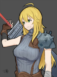 Rule 34 | 1girl, ahoge, armor, artist name, bad id, bad pixiv id, belt, black background, blonde hair, brown gloves, buster sword, cloud strife, cloud strife (cosplay), cosplay, dot triangle, final fantasy, final fantasy vii, fingerless gloves, gloves, green eyes, hoshii miki, huge weapon, idolmaster, idolmaster (classic), looking ahead, over shoulder, pauldrons, ribbed shirt, shirt, shoulder armor, signature, simple background, sketch, solo, suspenders, sweatdrop, sword, sword over shoulder, weapon, weapon over shoulder, yoshiwa tomo