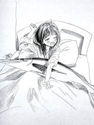 Rule 34 | 1girl, highres, hiro (dismaless), monochrome, on bed, one eye closed, open mouth, original, solo, waking up, yawning