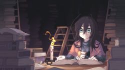 Rule 34 | 2girls, :&lt;, antenna hair, aqua eyes, book, book stack, brown hair, candle, candlelight, cup, extra arms, frown, glasses, highres, holding, holding cup, indoors, john su, ladder, long hair, melting, monster girl, multiple girls, open book, original, reading, sitting, stepladder, sweater, table, too many, too many books, very long hair, wax