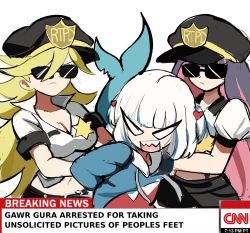 Rule 34 | 3girls, arrest, badge, belt, black belt, black hair, black shorts, blonde hair, blue hair, blue hoodie, breasts, cleavage, cnn, collared shirt, colored inner hair, crossover, earrings, fins, fish tail, gawr gura, hair ornament, hat, heart, heart hair ornament, highres, holding, hololive, hololive english, hood, hoodie, jewelry, large breasts, long hair, midriff, multicolored hair, multiple girls, navel, panty &amp; stocking with garterbelt, panty (psg), pink hair, police, police badge, police hat, police uniform, policewoman, rakeemspoon, shark print, shark tail, sharp teeth, shirt, shorts, siblings, simple background, sisters, stocking (psg), sunglasses, suspenders, tail, teeth, timestamp, uniform, very long hair, virtual youtuber, white background, white eyes, white hair