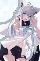 Rule 34 | 1girl, absurdres, animal ears, aqua eyes, bow, bowtie, breasts, detached sleeves, highres, hololive, kanadeho, long hair, looking at viewer, medium breasts, navel, open mouth, shirakami fubuki, smile, solo, virtual youtuber, white hair, wolf ears