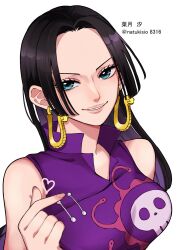 Rule 34 | 1girl, artist name, bare shoulders, black hair, blue eyes, boa hancock, commentary request, dress, earrings, heart, highres, jewelry, long hair, looking at viewer, natsuki shio, one piece, purple dress, simple background, smile, snake earrings, solo, teeth, translation request, white background
