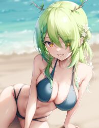 Rule 34 | 1girl, antlers, artist request, beach, bikini, braid, braided bangs, branch, breasts, ceres fauna, collarbone, day, flower, foaming waves, green hair, hair between eyes, hair flower, hair ornament, highres, holocouncil, hololive, hololive english, horns, large breasts, leaf, leaning to the side, looking at viewer, medium hair, mole, mole under eye, navel, ocean, sitting, smile, straight hair, sunlight, swimsuit, teeth, virtual youtuber, water, water drop, waves