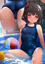 Rule 34 | 1girl, arm support, armpit crease, ass, ball, beachball, black hair, blue one-piece swimsuit, blush, breasts, brown eyes, cameltoe, caustics, collarbone, commentary request, covered navel, hair bobbles, hair ornament, highres, kuro yanagi, medium hair, multiple views, old school swimsuit, one-piece swimsuit, original, outdoors, partially submerged, pool, pout, projected inset, rubber duck, school swimsuit, school swimsuit flap, sitting, small breasts, solo, swimsuit, thighs, translation request, two side up, v-shaped eyebrows, wet, wet clothes, wet swimsuit