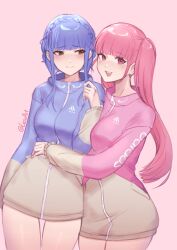 Rule 34 | 2girls, :d, absurdres, artist name, blue hair, blue sweater, blunt bangs, braid, breasts, brown eyes, brown sweater, commentary, crown braid, english commentary, fire emblem, fire emblem: three houses, highres, hilda valentine goneril, lesu, looking at viewer, marianne von edmund, multiple girls, nintendo, open mouth, pink background, pink hair, pink sweater, red eyes, simple background, smile, standing, sweater, teeth, twintails, twitter username, two-tone sweater, upper teeth only