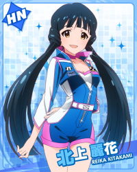 Rule 34 | 10s, 1girl, blue hair, brown eyes, character name, choker, idolmaster, idolmaster million live!, kitakami reika, long hair, looking at viewer, official art, race queen, racing suit, shorts, smile, twintails