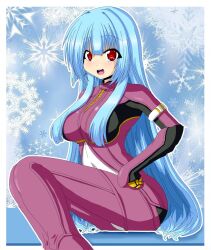 Rule 34 | belt, blue hair, bodysuit, breasts, gloves, hair over breasts, hand on own hip, kula diamond, large breasts, long hair, looking at viewer, negemato, purple eyes, smile, snowflakes, the king of fighters, the king of fighters xv, zipper