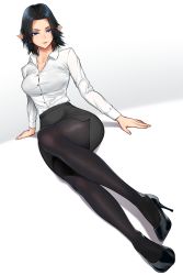 Rule 34 | 1girl, absurdres, blaccura, black hair, black pantyhose, black skirt, blue eyes, bra visible through clothes, breasts, elezen, elf, feet, final fantasy, final fantasy xiv, high heels, highres, large breasts, legs, medium hair, office lady, original, pantyhose, parted bangs, pencil skirt, pointy ears, shirt, sitting, skirt, smile, solo, white background, white shirt