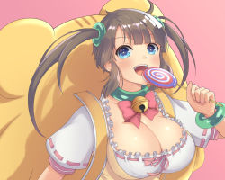 Rule 34 | 1girl, :d, ahoge, backpack, bag, bell, blue eyes, blush, bracelet, breasts, brown hair, candy, choker, cleavage, close-up, collarbone, dress, food, frilled shirt, frills, green bracelet, green choker, hamster, holding, holding candy, holding food, holding lollipop, jewelry, large breasts, lemonrou, lollipop, looking to the side, minori (senran kagura), open mouth, pink background, pink ribbon, red ribbon, ribbon, senran kagura, shirt, short sleeves, simple background, smile, solo, twintails, wide sleeves, yellow bag, yellow dress