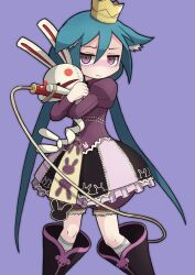Rule 34 | 1girl, 7th dragon, 7th dragon (series), animal ears, blue hair, blush, boots, crown, dress, ears down, feet out of frame, hair between eyes, highres, hugging object, juliet sleeves, long hair, long sleeves, mini crown, momomeno (7th dragon), nose blush, princess (7th dragon), puffy shorts, puffy sleeves, purple background, purple eyes, shikutsune fox, short dress, shorts, simple background, socks, solo, striped clothes, striped socks, stuffed animal, stuffed rabbit, stuffed toy, twintails, very long hair, whip