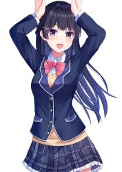 Rule 34 | 1girl, :d, arms up, black hair, black jacket, black skirt, blazer, blue eyes, blush, bow, bowtie, cardigan, chakku illust, collared shirt, commentary request, cowboy shot, hair ornament, hairclip, highres, jacket, long hair, looking at viewer, nijisanji, open mouth, pink bow, pink bowtie, plaid, plaid skirt, school uniform, shirt, simple background, skirt, smile, solo, standing, teeth, tsukino mito, tsukino mito (1st costume), upper teeth only, virtual youtuber, white background, white shirt, yellow cardigan