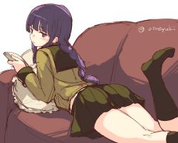 Rule 34 | 10s, 1girl, artist name, black hair, black socks, blush, book, braid, couch, cushion, green socks, highres, kantai collection, kitakami (kancolle), kneehighs, leg up, long hair, looking at viewer, looking to the side, lying, on couch, on stomach, one-hour drawing challenge, open book, pleated skirt, reading, sailor collar, school uniform, serafuku, sidelocks, simple background, single braid, skirt, socks, solo, torminal, twitter username, white background