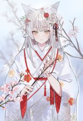 Rule 34 | 1girl, animal ear fluff, animal ears, branch, cherry blossoms, chiemo (xcem), closed mouth, eyeshadow, flower, fox ears, fox girl, hair flower, hair ornament, highres, holding, holding branch, japanese clothes, kimono, long hair, long sleeves, looking at viewer, makeup, original, red eyeshadow, sidelocks, smile, solo, twitter username, unmoving pattern, upper body, white hair, white kimono, wide sleeves, yellow eyes