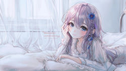Rule 34 | 1girl, absurdres, bbeedol, blue eyes, blue flower, braid, closed mouth, commentary, commission, curtains, dress, english commentary, english text, flower, frilled pillow, frills, hair between eyes, hair flower, hair ornament, highres, indoors, long hair, long sleeves, looking at viewer, lying, on bed, on stomach, original, pillow, purple hair, smile, solo, transparent, watermark, white dress, window