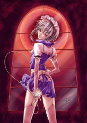 Rule 34 | 1girl, bow, braid, chain, classictime, elbow gloves, female focus, from behind, garter straps, gloves, hair bow, highres, izayoi sakuya, looking back, maid headdress, nail polish, pocket watch, red eyes, solo, thighhighs, touhou, twin braids, watch, window