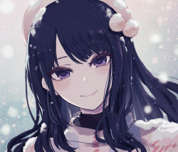 Rule 34 | 1girl, bad id, bad pixiv id, beret, black hair, blush, brown hat, closed mouth, commentary request, hair ornament, hat, idolmaster, idolmaster shiny colors, kazano hiori, long hair, looking at viewer, minyom, mole, mole under mouth, portrait, purple eyes, signature, smile, snow, snow on head, snowflakes, snowing, solo