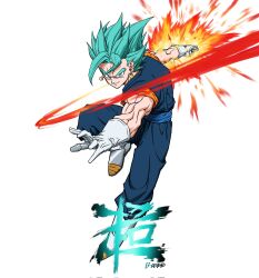 Rule 34 | 1boy, artist name, bakarott, biceps, blue eyes, blue hair, blue pants, blue sash, boots, closed mouth, commentary, corrupted twitter file, dougi, dragon ball, dragon ball super, earrings, energy, english commentary, full body, gloves, highres, jewelry, leg up, looking at viewer, male focus, muscular, muscular male, orange shirt, pants, potara earrings, sash, shirt, simple background, smile, smirk, solo, spiked hair, super saiyan, super saiyan blue, v-shaped eyebrows, vegetto, white background, white footwear, white gloves